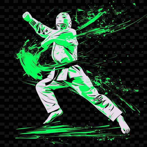 PSD atleta de taekwondo executando um chute giratório com ilustração dinâmica de pos flat 2d sport background