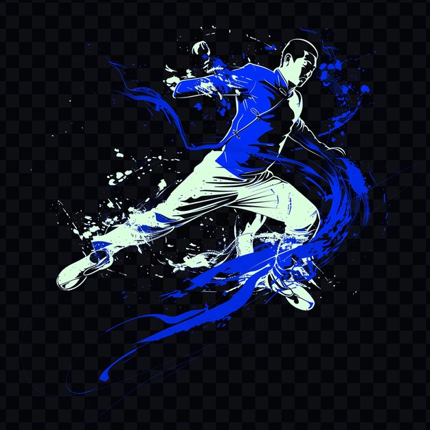 PSD atleta de wushu executando movimento acrobático com postura dinâmica wi t-shirt tinta de tatuagem contorno design cnc