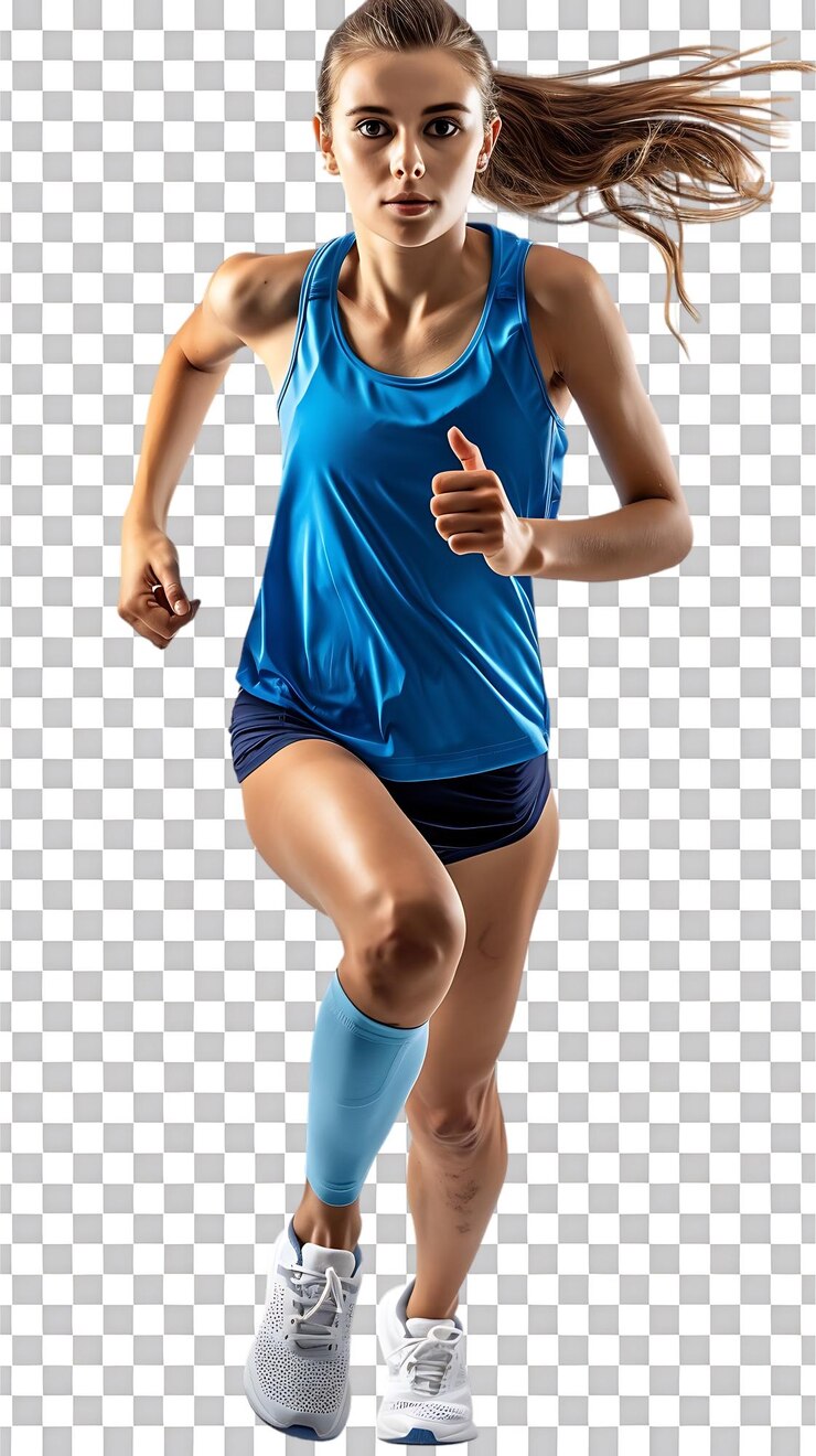 PSD atleta femenina corriendo desde el lado aislado en un fondo transparente
