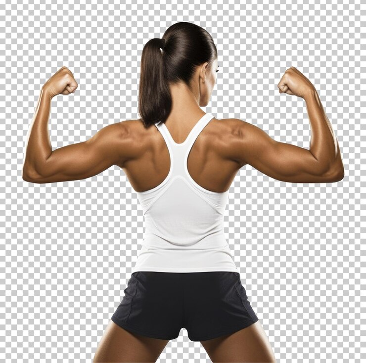 PSD atleta femenina flexionando el músculo de la espalda aislado sobre fondo transparente