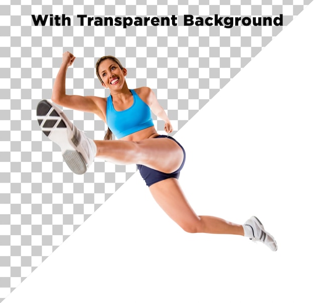 Atleta femenina mujer saltando PNG PSD aislada en un fondo transparente