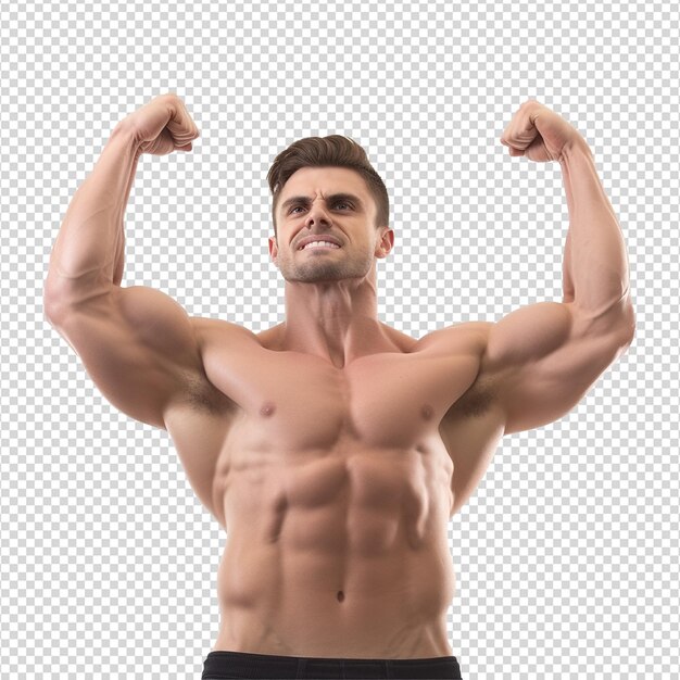 Atleta masculino flexionando músculo isolado em fundo transparente