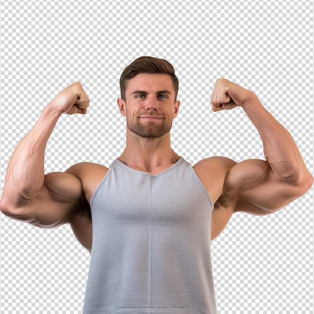 PSD atleta masculino flexionando músculo isolado em fundo transparente