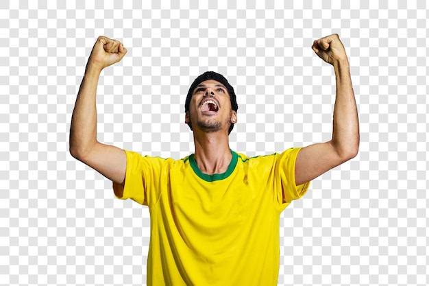 Atleta masculino ou fã de uniforme amarelo comemorando isolado