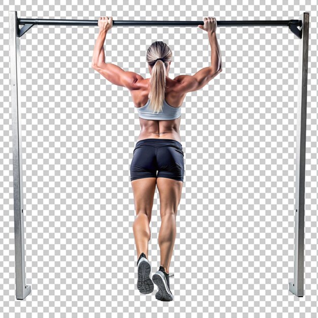 PSD atleta mujer haciendo pull ups fondo transparente