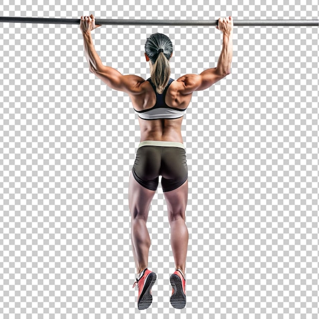 PSD atleta mulher fazendo pull ups fundo transparente