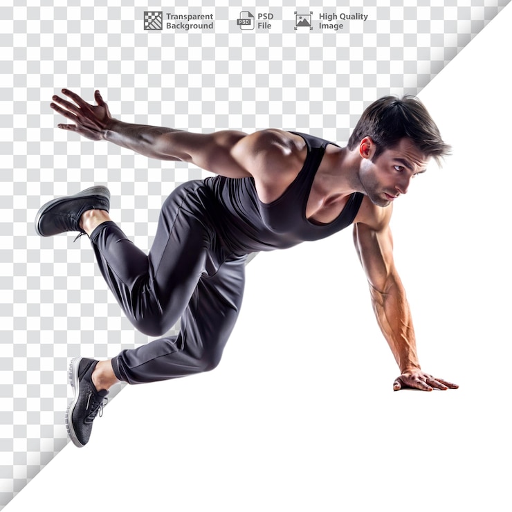 PSD atleta de parkour en el aire mostrando agilidad y fuerza