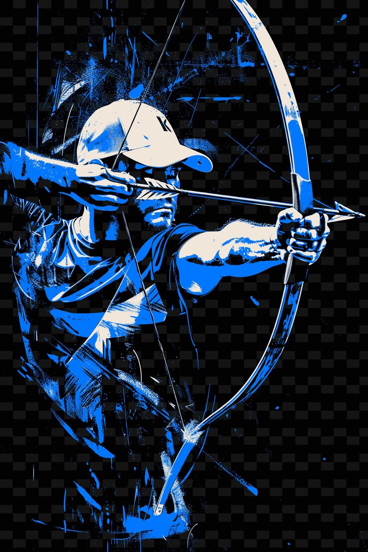 PSD atleta de tiro con arco que apunta con el arco con una postura estable con calma ilustración de concejo plano 2d fondo deportivo