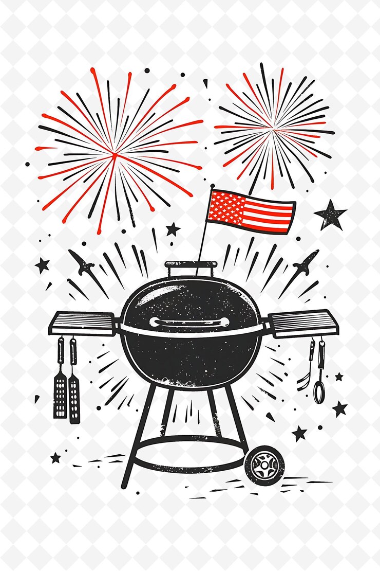 PSD atmosfera de verano con una barbacoa y una piscina firewo diseño de cartel de ilustración plana