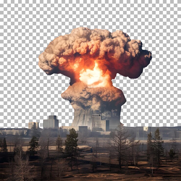 PSD atomic bomb explodes mushroom cloud on transparent background