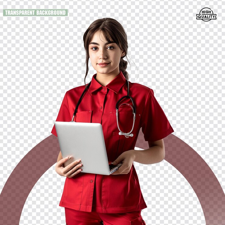 PSD una atractiva mujer de atención médica sonriente usando una tableta aislada en un fondo transparente psd