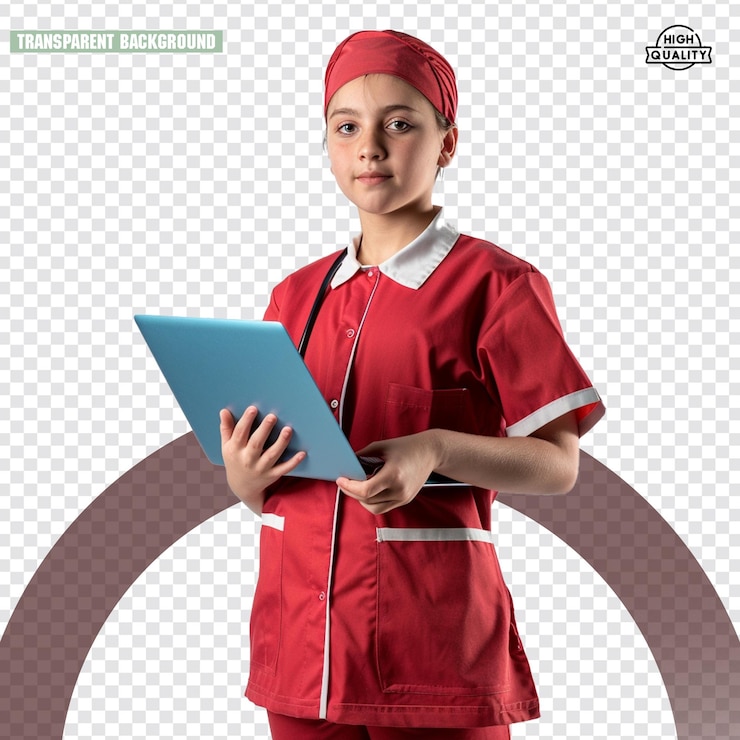 PSD una atractiva mujer de atención médica sonriente usando una tableta aislada en un fondo transparente psd