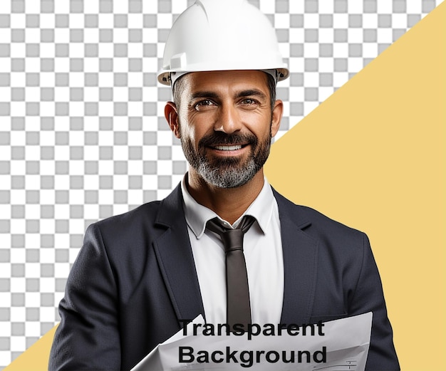 PSD attirant architecte mature homme d'affaires avec casque de construction souriant isolé sur blanc