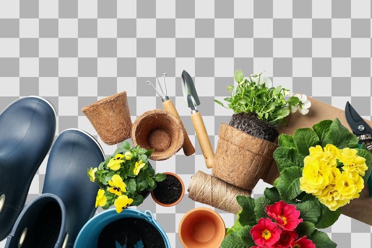 PSD attività di giardinaggio con utensili, vasi e fiori colorati disposti in uno spazio creativo isolato su png bianco