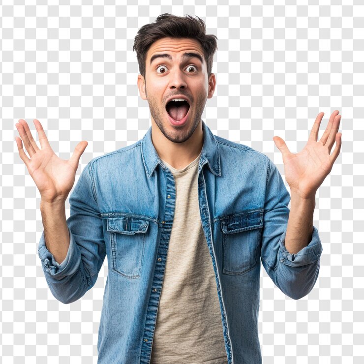Attractive Young man Surprised amazing gesture isolate on transparency background