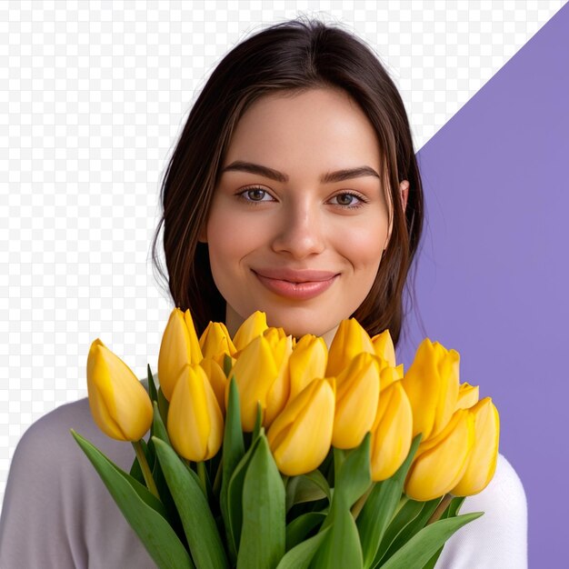 PSD attraktive lächelnde kaukasische brünette frau mit einem blumenstrauß gelber tulpen, die auf einem lila isolierten hintergrund auf die seite schaut internationaler frauentag blumenstrauß des frühlings leerer platz für adv