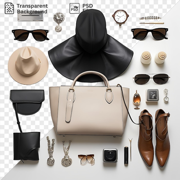 PSD attrezzature fotografiche ad alta moda impostate su uno sfondo trasparente con un cappello abbronzato occhiali da sole neri occhiali marroni e una fotocamera d'argento