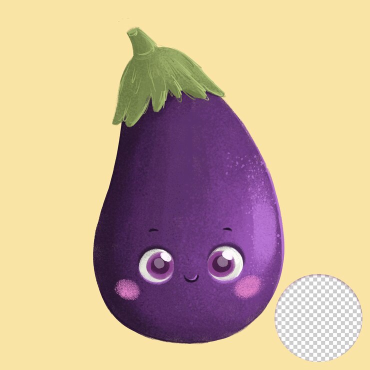 PSD aubergine mignonne avec des yeux sur fond jaune