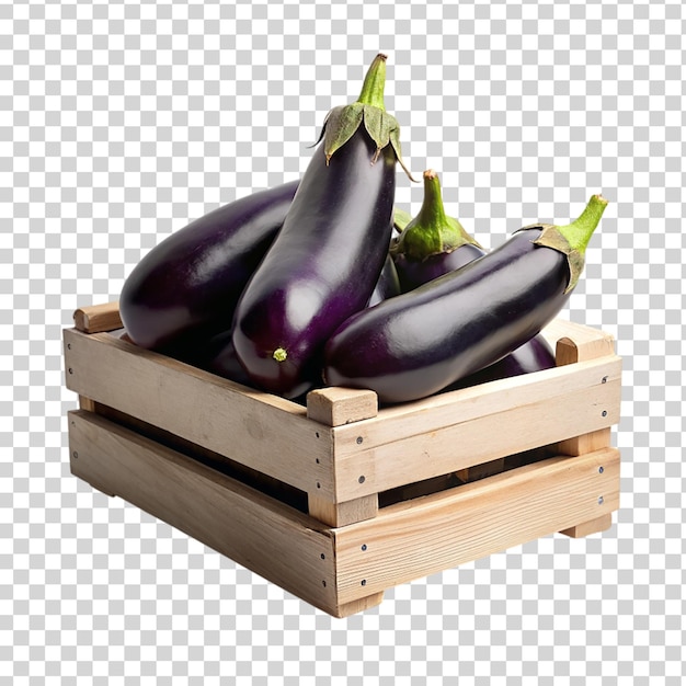 PSD aubergines en una caja de madera aislada sobre un fondo transparente