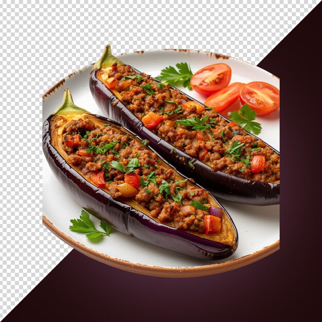 PSD aubergines farcies turques avec du bœuf haché et des légumes isolés sur fond blanc