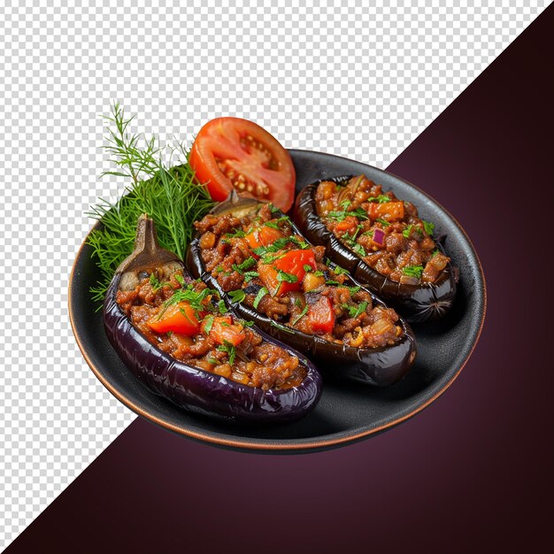 Aubergines Farcies Turques Avec Du Bœuf Haché Et Des Légumes Isolés Sur Fond Blanc