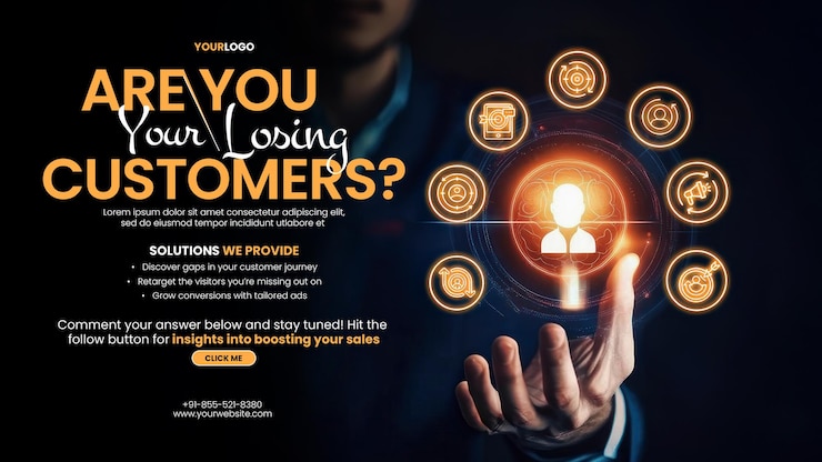 PSD audiencia retargeting plantilla de banner ppc con hombre de negocios toca un icono humano virtual en una pantalla con iconos de negocios