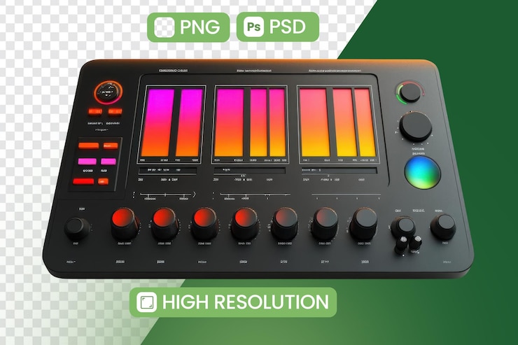 PSD audio-mixer zeigt farbenfrohe lichter und knöpfe mit fortgeschrittenem mischtechnologie-konzept