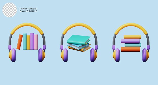 Audiolibros pila de libros con auriculares Libros en línea escuchando podcasts o elearning 3d