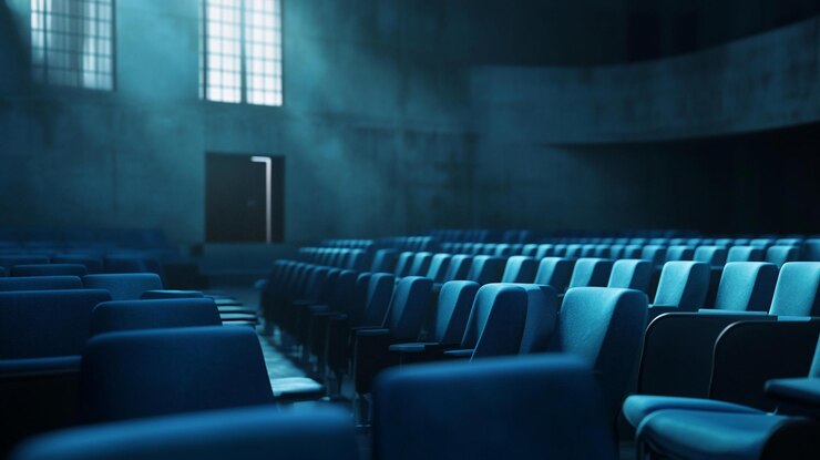 PSD auditorium teatrale vuoto con sedili blu luce solare che scorre attraverso finestre alte