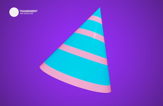 PSD auf violettem hintergrund steht ein blauer partyhut mit rosa streifen.