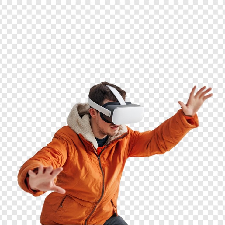 PSD aufgeregter mann mit vr-headset genießt virtuelle realität auf durchsichtigem hintergrund