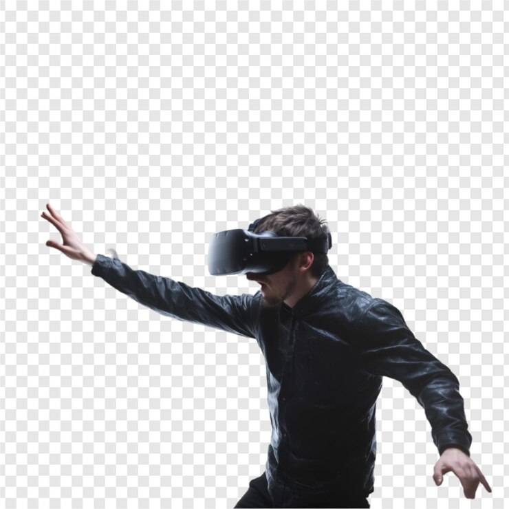 PSD aufgeregter mann mit vr-headset genießt virtuelle realität auf durchsichtigem hintergrund