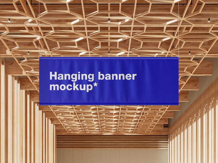 PSD aufhängendes banner-mockup in einer holzdecke