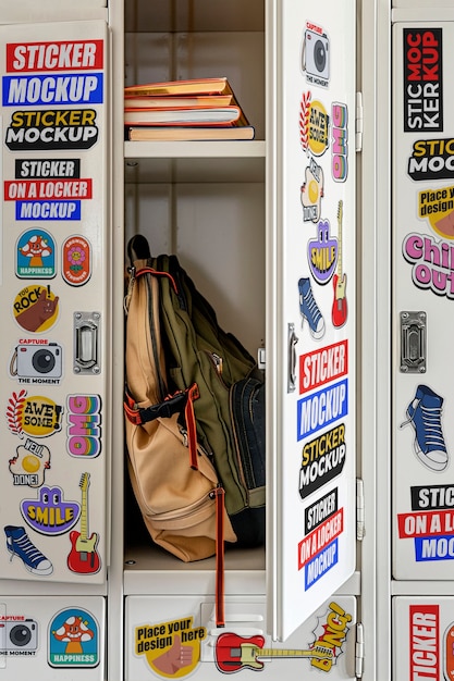 PSD aufkleber-mockup auf dem schulschrank