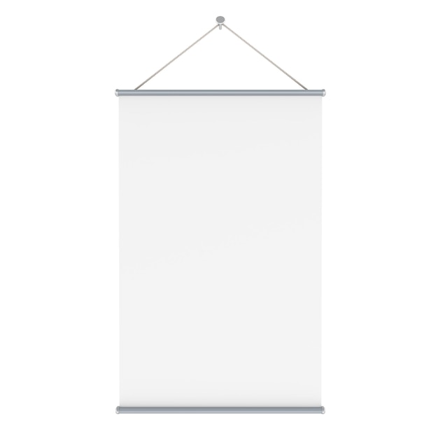Aufrollbares Banner, leeres Papier oder leeres transparentes Papier, Poster, das an der Wand hängt, 3D-Rendering, isoliert auf durchsichtigem Hintergrund
