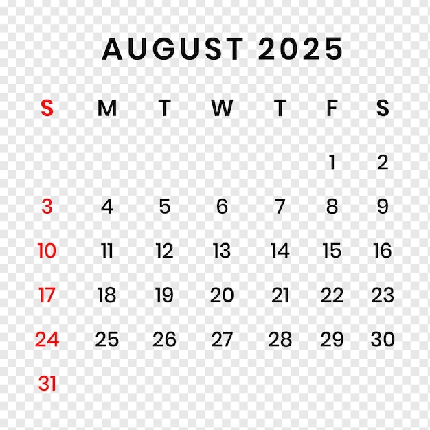 Auguste 2025 Calendrier conception du fichier psd