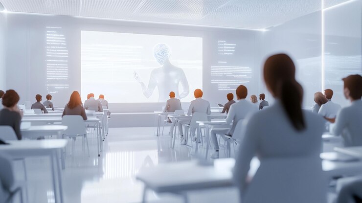 PSD aula futurista con un maestro de ia holográfica presentando a los estudiantes