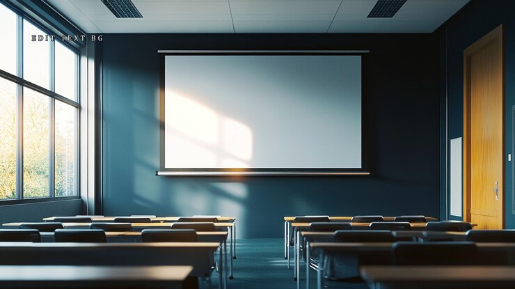 PSD aula moderna vuota con schermo a proiettore e luce solare