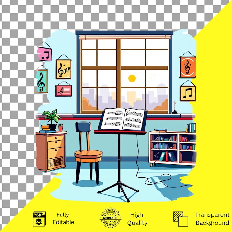 PSD aula de música colorida con carteles y puesto de música