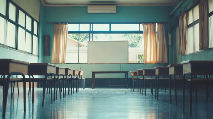 PSD aula vacía con escritorios, sillas, pizarra y una gran ventana