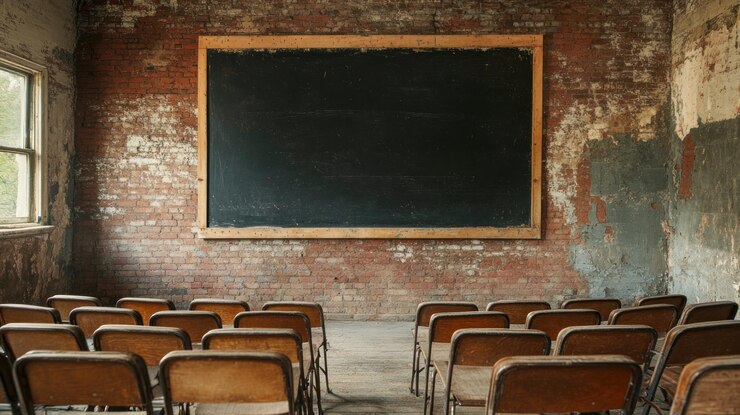 PSD aula vacía con sillas de madera y pizarra