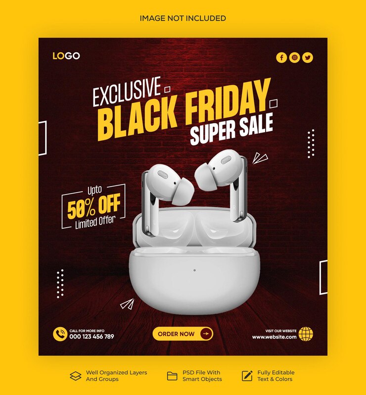Los auriculares de los gadgets Psd están en venta el Viernes Negro. Banner de Instagram de las redes sociales.