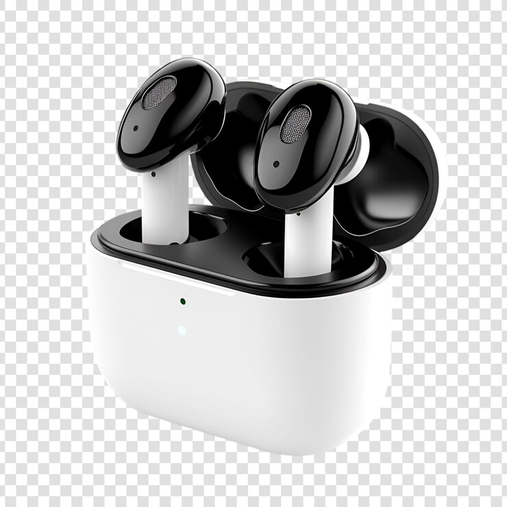 PSD auriculares inalámbricos en caja de carga diseño elegante tecnología moderna