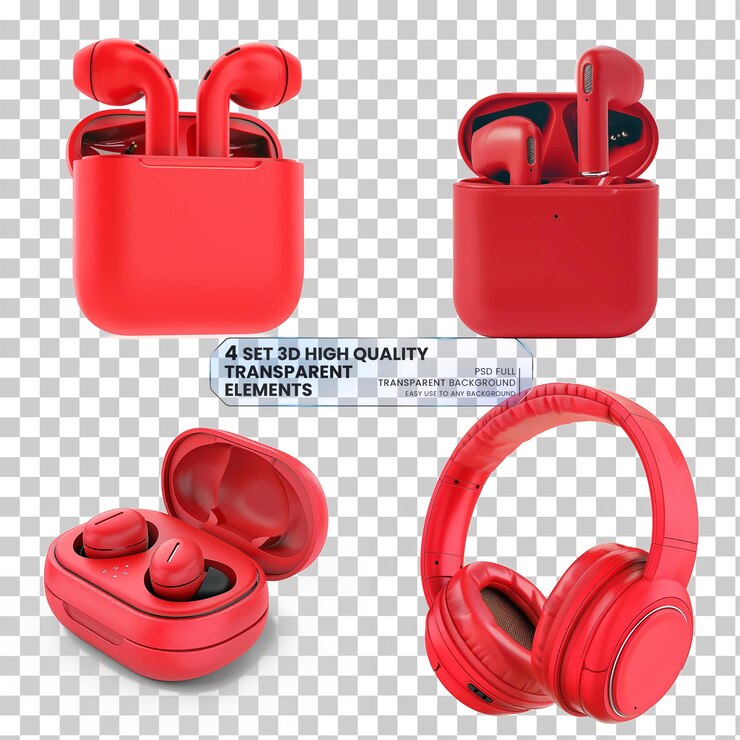 PSD auriculares inalámbricos usb c con caja de silicona roja sobre un fondo transparente