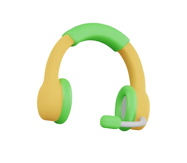 auriculares de renderizado 3d con icono de micrófono para web y aplicación en color amarillo y verde