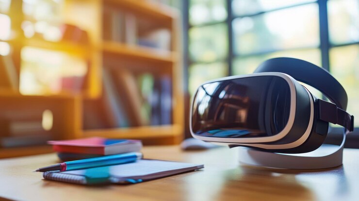 PSD auriculares vr en el escritorio con libros y papelería en una oficina en casa