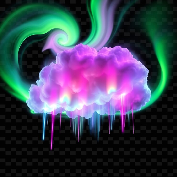 PSD aurora borealis nube bailando con cintas ondulantes arcos coloridos y brillantes_isolado_neón_objeto