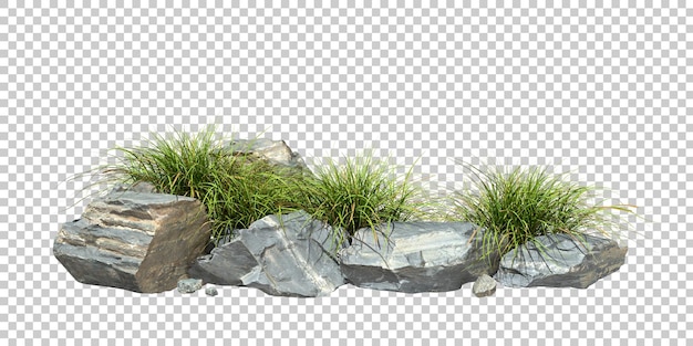 Ausgeschnittene Felsen Landschaft und Unkrautwachstum transparenter Hintergrund 3D-Rendering png