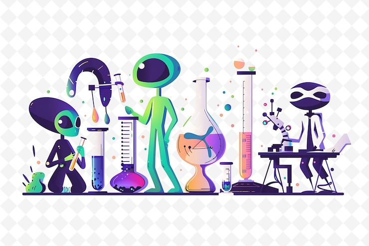 PSD außerirdische charaktere führen experimente durch design ist außerirdisch flach illustration festival theme art