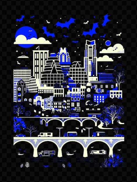 Austin mit eklektischer straßenszene und food trucks wandmalereien liv psd vektor t-shirt tattoo tinte scape art